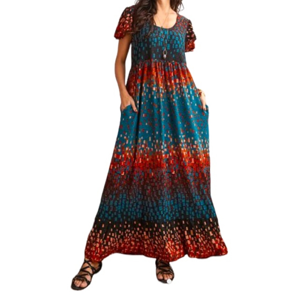 Suzanne Betro Teal and Red Printed Maxi Dress